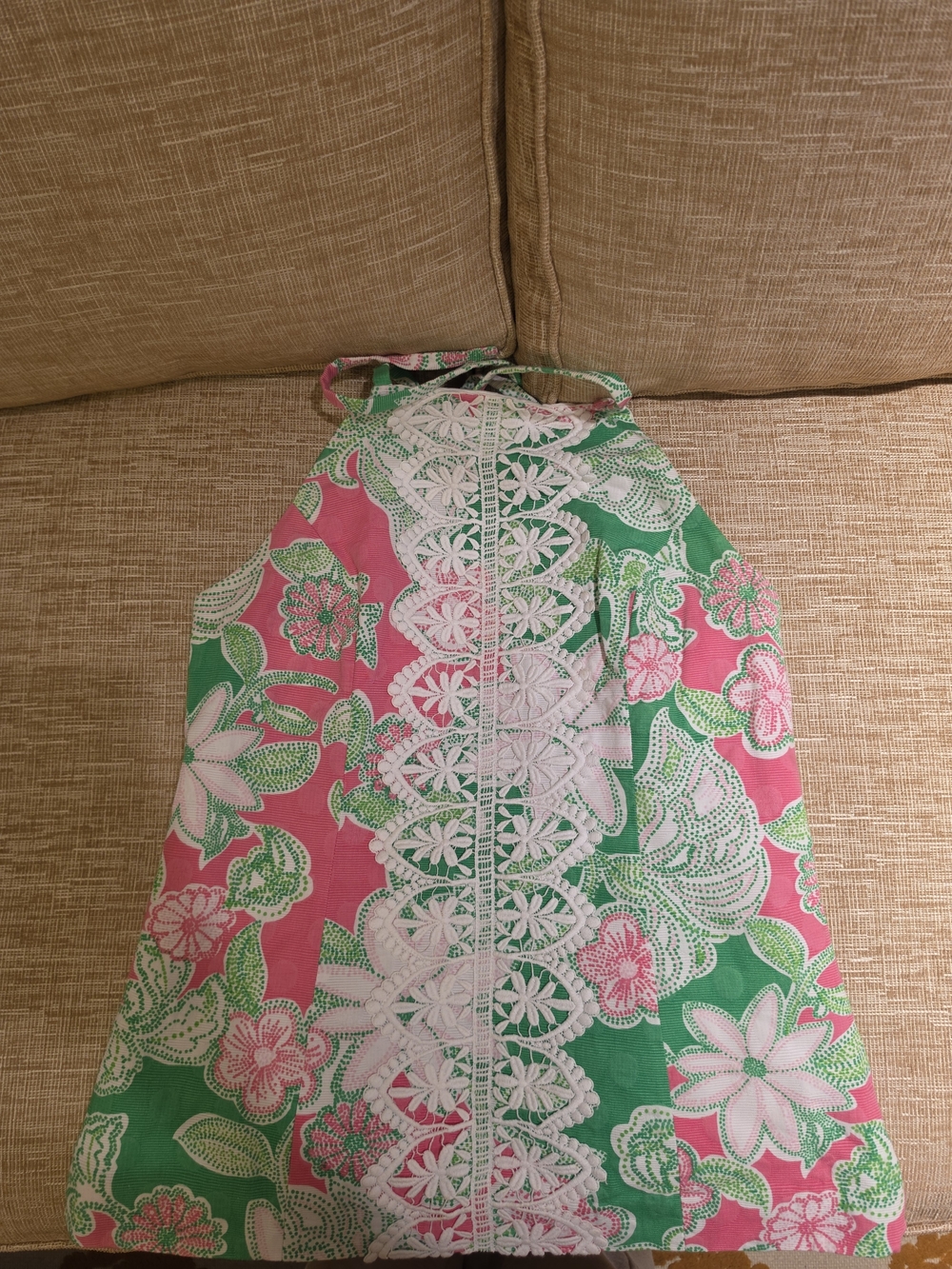 Lilly Pulitzer Pink and Green Halter Tank with White Lace Detail